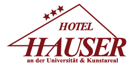 Logo des Hotels Hauser, das an der Universität und Kunstareal liegt, mit dem Text 